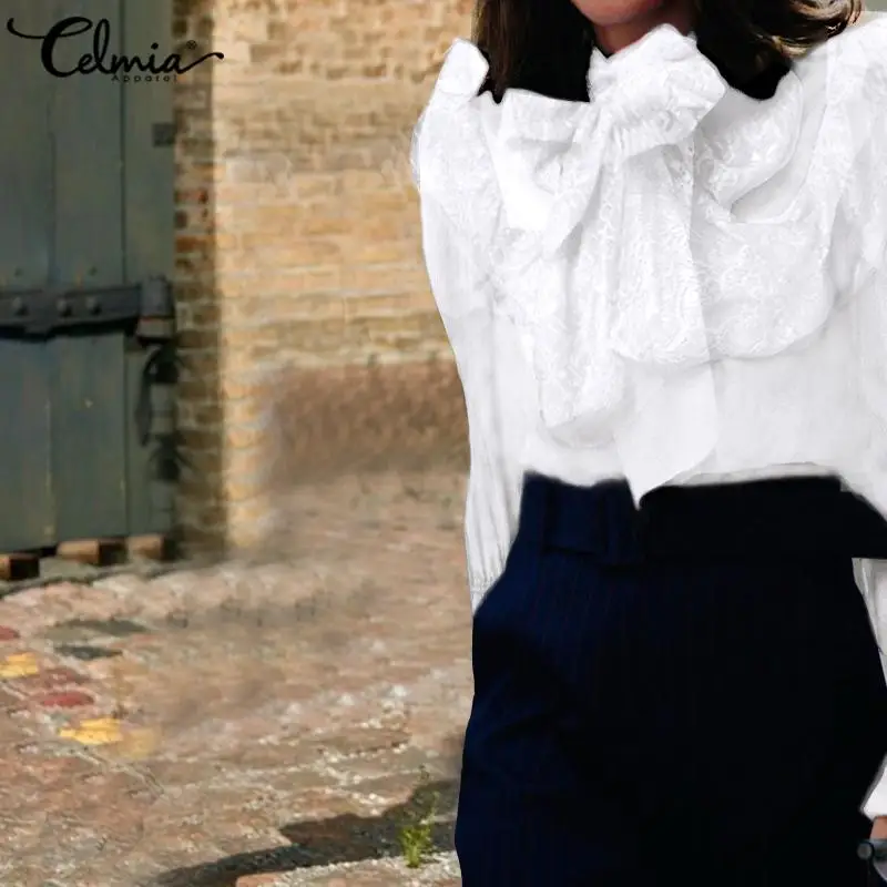Celmia Fashion Long Sleeve Lace Women Tops and Blouses 2020 Autumn Bow Collor Elegant OL Office Ladies Shirt Casual Loose Blusas