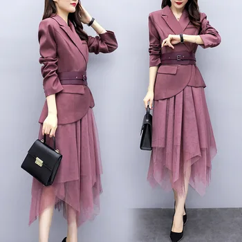 

Elegant women's skirt suit two-piece 2019 new autumn Korean version of the slim belt casual ladies blazer Casual mesh skirt