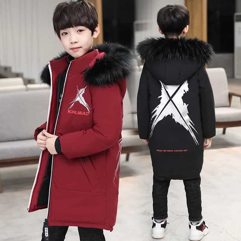 Коллекция года, Детский пуховик длинное плотное зимнее пальто для мальчиков детские зимние куртки для мальчиков, верхняя одежда с меховым воротником