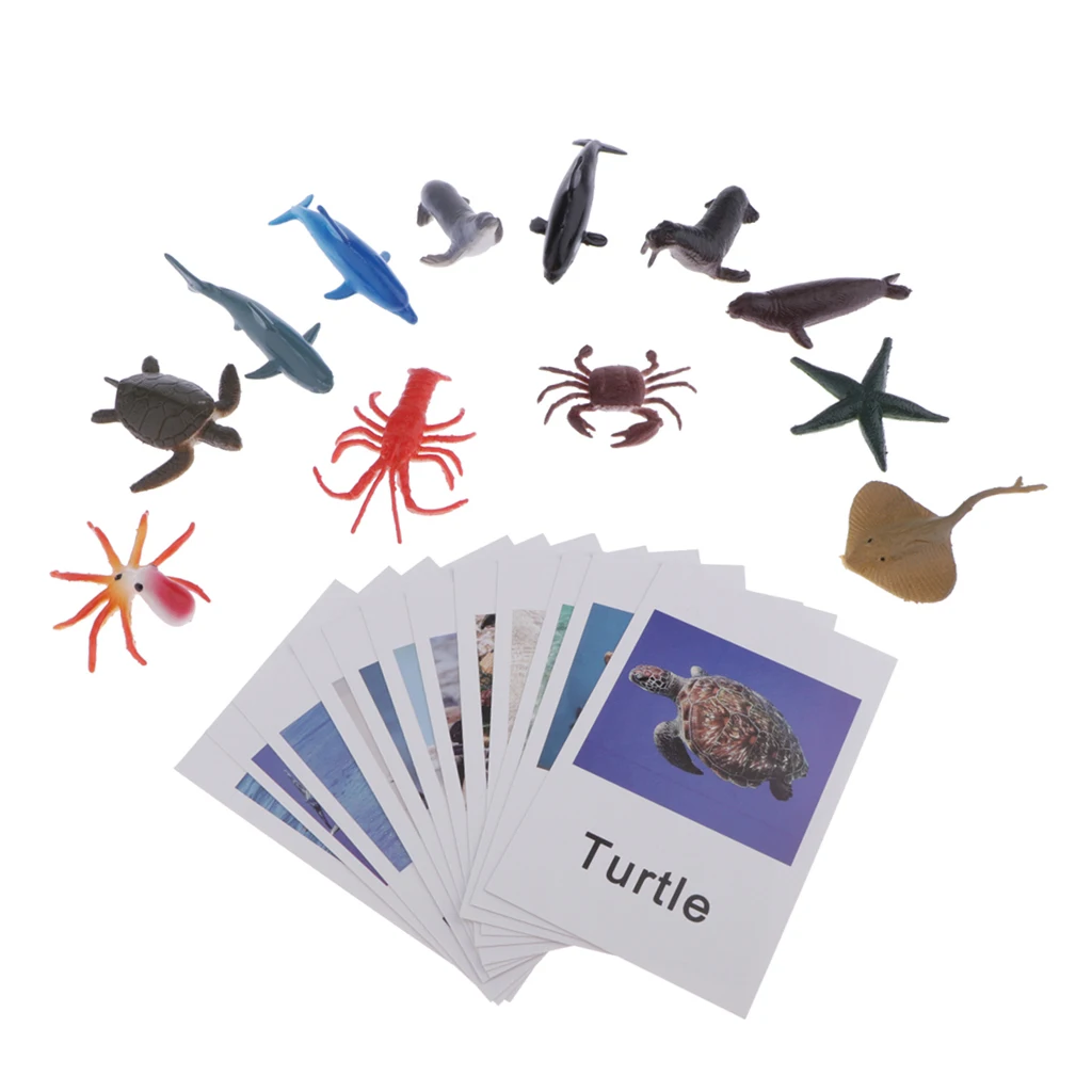 Montessori Animal Match - Miniature Ocean Animal Toy Figurines with Matching Cards - Kids Language Materials Busy Bag Activity