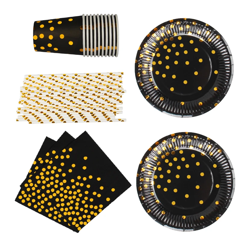 85 шт. золотые черные бумажные тарелки чашки соломинки салфетки для свадьбы