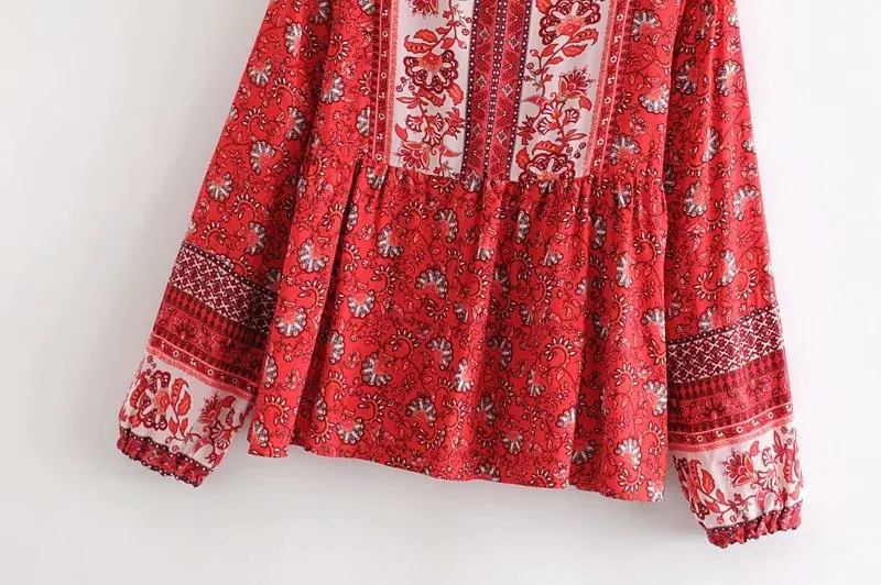 Boho Chic Женские топы, винтажные свободные блузки с цветочным принтом, женские пляжные рубашки с круглым вырезом и длинным рукавом, Blusas Mujer