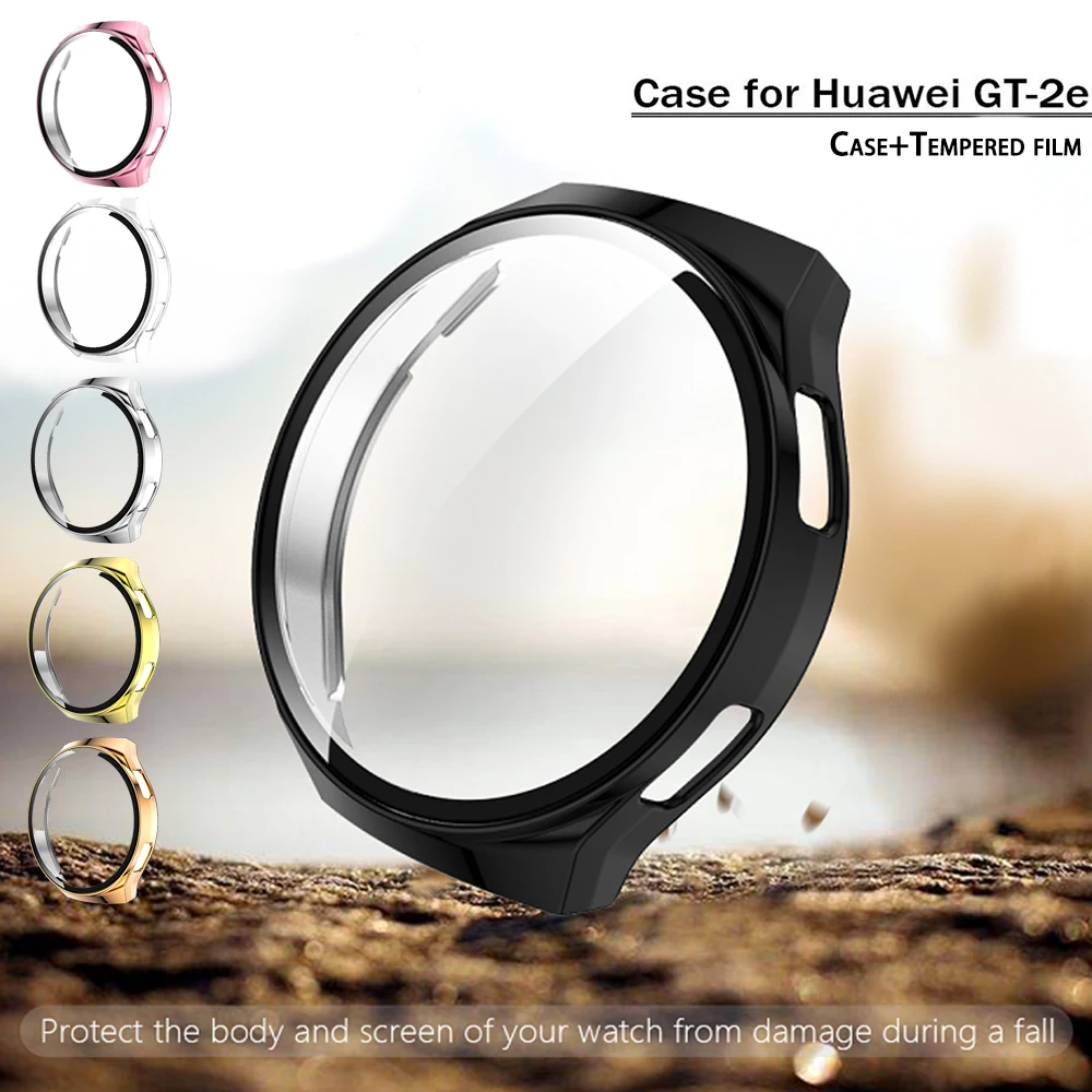 

For gt 2e PC Protective Case Cover+HD Screen Tempered Film for Huawei GT 2e Smart Watch Protection Frame Plating Clear Shell