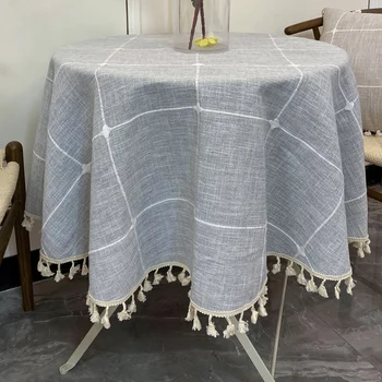 

Plaid Decorative Linen Tablecloth With Tassel Waterproof Oilproof Thick Round Wedding Dining Table Cover Tea Table Cloth