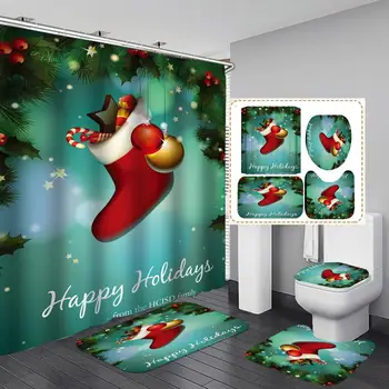 

Shower Curtain, Bathroom Curtains Accessories-Merry Christmas,snowmanSocks,New Year Festival, Decorations