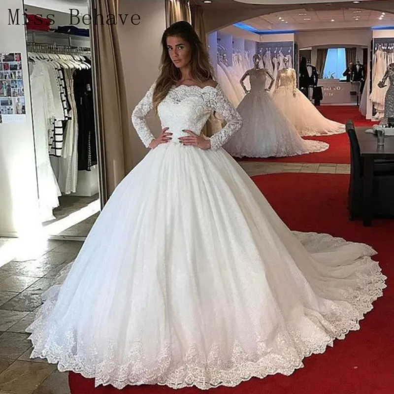 

DD JYOY Real Image Long Sleeve Wedding Dress Ball Gown Bridal Lace Body Design with Long Train Zipper Back