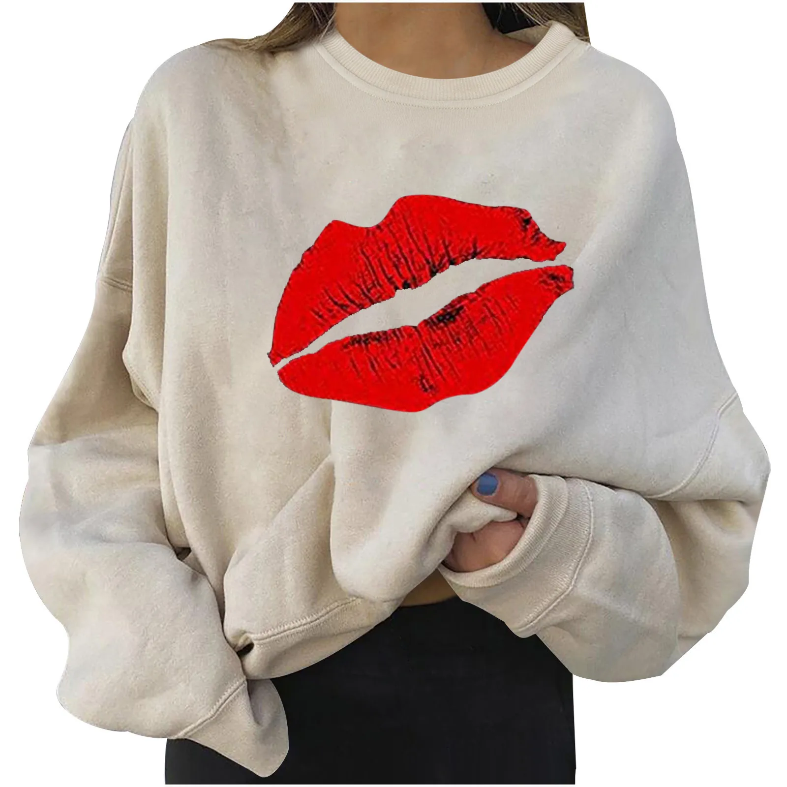 4# Women Plus Size Sweaters Long Sleeve Color Block Lip Print Straples Collar Sweaters Top Autumn Spring Pullover Свитер Женский