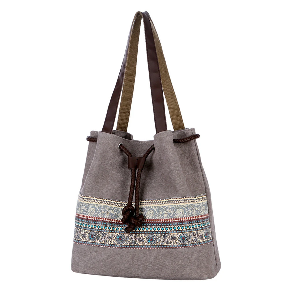 Style Canvas Handbags Women Drawstring Bucket Bag Lady Cheap Shoulder Single Shoulder Shopping Bags Floral Printed Beach Bag 820