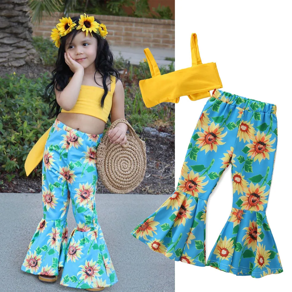 

Kids Clothes Girls 2019 Children Baby Clothing Crop Tops+sunflower Pants Girls Summer Outfits Girls Clothes