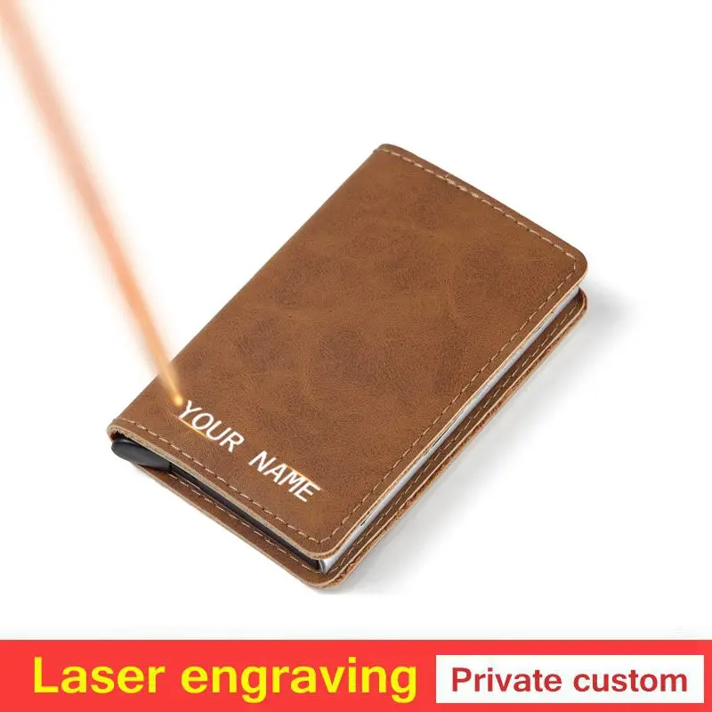 Laser engraving Men Crazy horse skin Leather Aluminum Wallet Pocket Card holder RFID Blocking Automatic Credit Card Purse gift