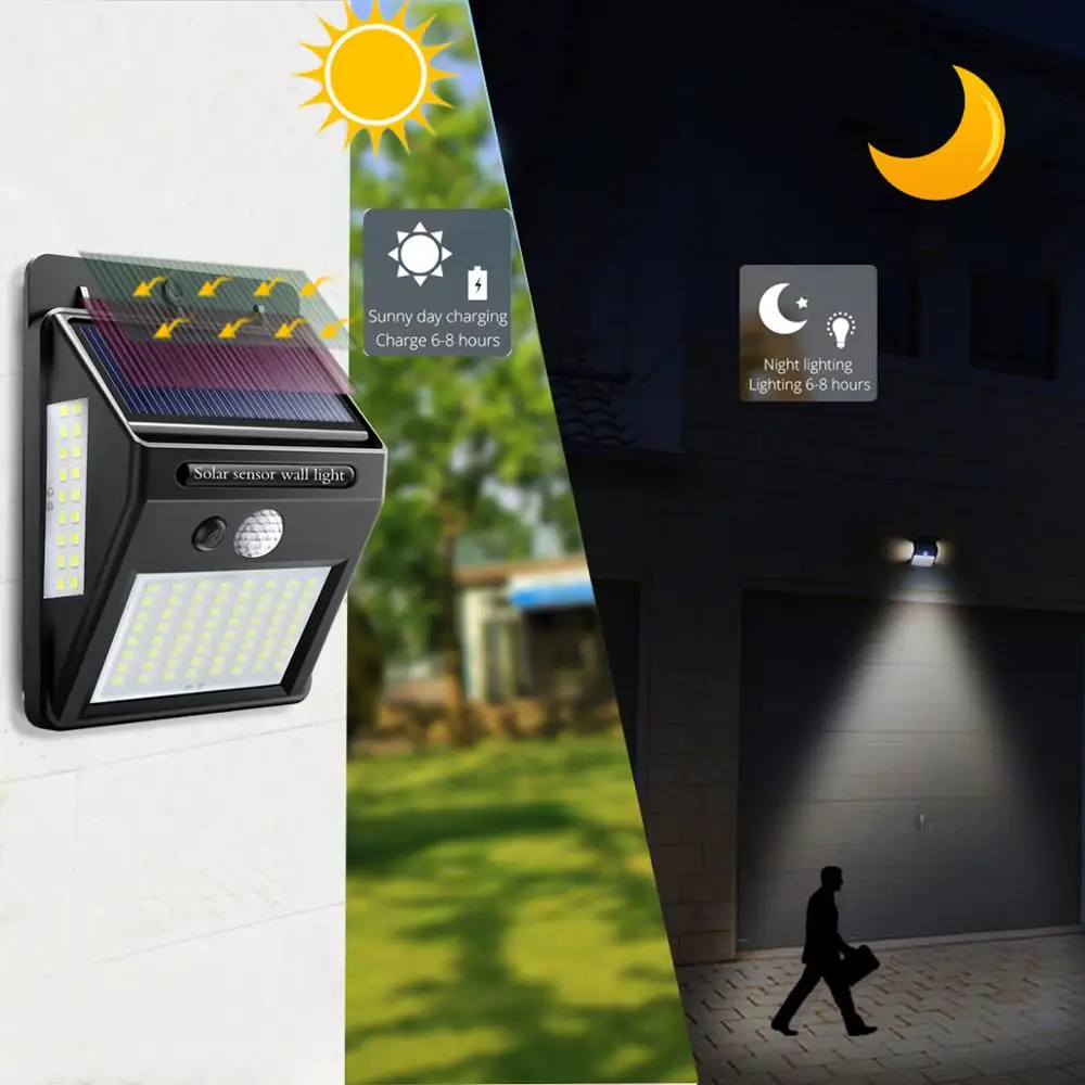 100 светодиодный солнечный светильник с датчиком движения, водонепроницаемая панель, садовый задний двор, ночник, СВЕТОДИОДНЫЙ Уличный настенный светильник