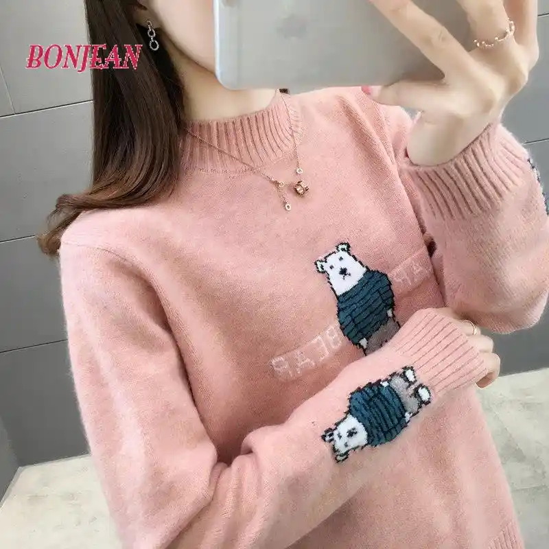 ピンクのタートルネックシロクマセータープラスサイズのセーター秋日本のファッション韓国トップスクリスマスジャンパー プルオーバー Aliexpress