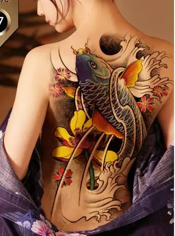 Водостойкая временная татуировка, наклейка Koi lotus, Мужская татуировка на всю спину, Большая татуировка, наклейка s флэш-тату, поддельные татуировки для женщин 19 - Цвет: Бордовый