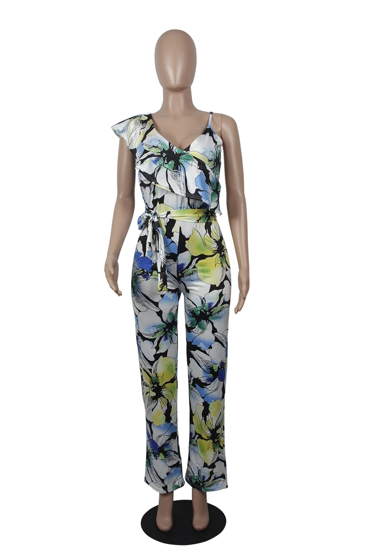 9040138 casual one shoulder floral flower printed wide leg jumpsuit women 2019