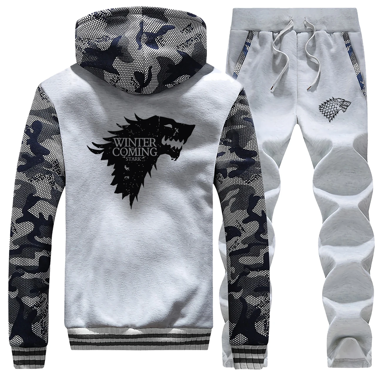 Popular Jacket Winter Is Coming Men Sweatshirts+SweatPants 2 Piece Set Mens Camouflage Hoodies trousers Sets Wolf Tracksuit Warm Suit