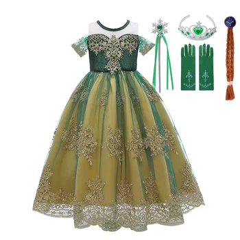 

Lace Embroidery Princess Anna Dress for Baby Girls Elegant Green Snow Queen Costume Child Puffy Christmas Floral Party Ball Gown