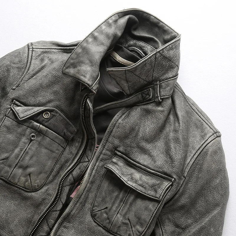 AVFLY Мужская винтажная куртка из натуральной кожи с карманами мотоциклетная