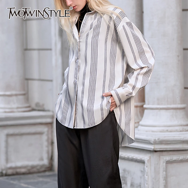 TWOTWINSTYLE Casual Split Blouses For Female Lapel Collar Long Sleeve Loose Hit Color Women's Shirts Fashion 2020 Clothing Tide | Женская