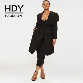 

HDY Haoduoyi Autumn Fashion Casual Style Plus Size Woman Clothes Simple Solid Large Lapel Long Sleeved Buckleless Woolen Coat