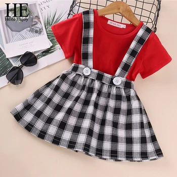 

HE Hello Enjoy Kids Clothes Baby Girls Clothing Sets Summer New Red Short-Sleeve T-shirt + Plaid Strap Skirt 2-pc Princess Suit
