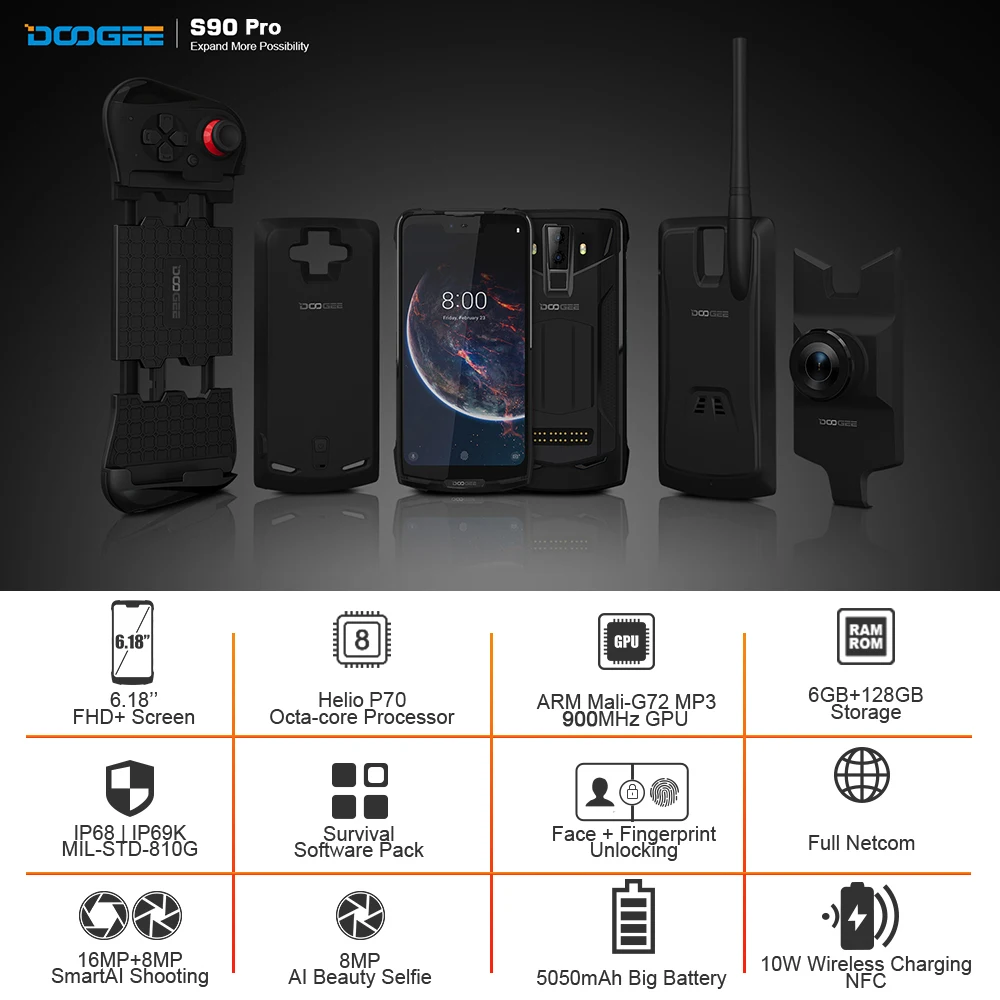 Doogee S90 Pro модульный мобильный телефон Helio P70 Восьмиядерный 6 ГБ 128 ГБ NFC 6,18 FHD+ дисплей IP68/IP69K 4G LTE смартфон