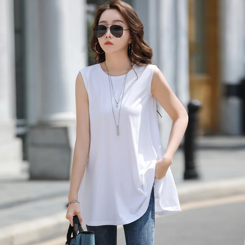 New Summer T Shirt Long Tunic Tops Sleeveless Women's T-shirts Fashion O-neck Cotton Woman Tshirts Solid Casual T-shirt - AliExpress