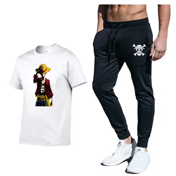 

New summer Luffy T shirt set men Japanese Anime Luffy Cotton Tshirt+ pants two pieces sets casual basketball tracksuit