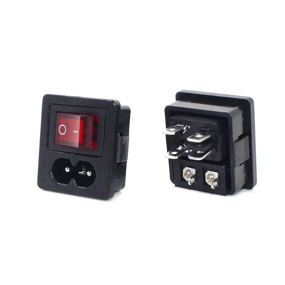 10pcs/lot AC 2.5A 250V IEC 320 C8 Power Cord Inlet Socket receptacle With ON-OFF Red Light Rocker Switch for Computer Amplifier |