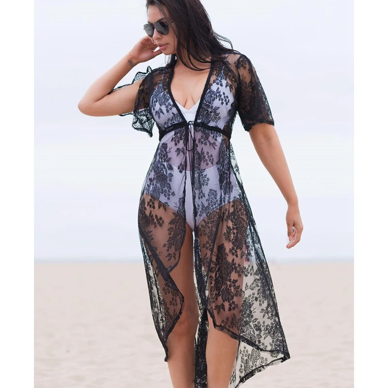 

WEPBEL Lace Floral Flower V Neck Dress Open Dress Sexy Casual Fashion New High Waist Cover Beach Dress