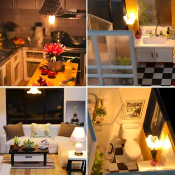 

Assemble DIY Cabin Dollhouse LED Light Immagination Loft Apartments Handmade Miniature Craft Birthday Gifts Wooden Furniture