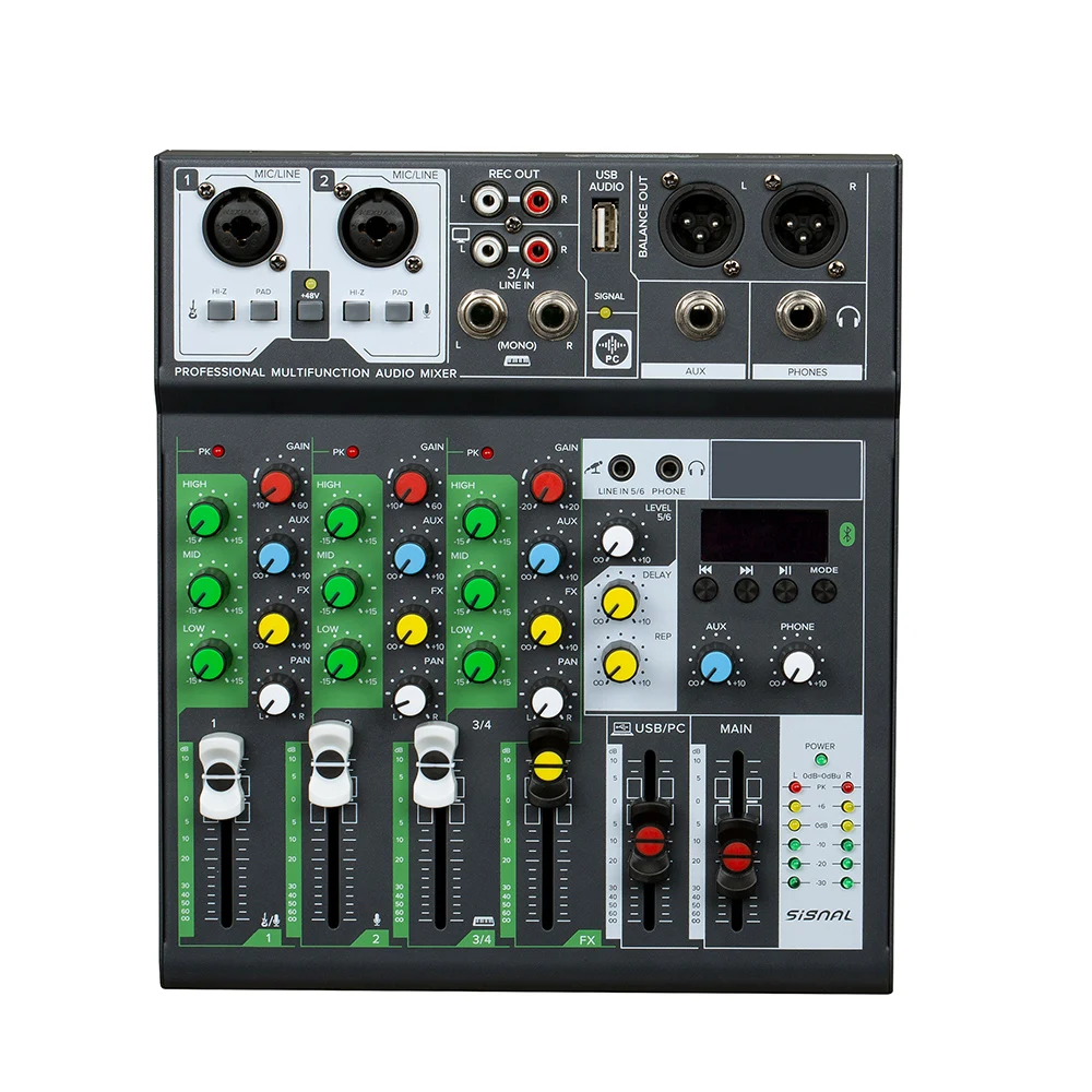 

NS-6BT Audio микшер 4-канальный USB звуковая карта интерфейсная консоль 48 В фантомное питание для домашней студии трансляция на пару запись микшер