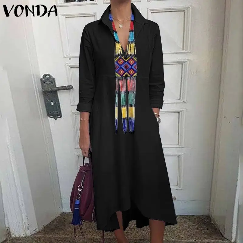 VONDA, Хлопковое платье для беременных,, женское платье с длинным рукавом, одноцветная туника, сексуальное платье-рубашка с отложным воротником, Повседневное платье для беременных