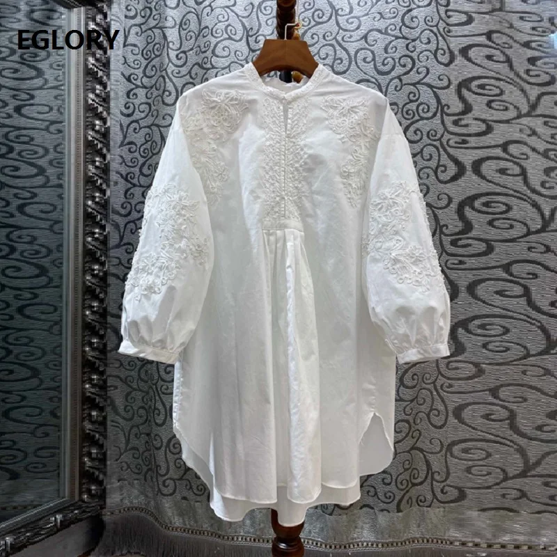 

High Quality Long Shirt Dress 2019 Autumn Fashion Style Women Stand Neck Appliques Embroidery 3/4 Sleeve Casual Loose Tops Dress