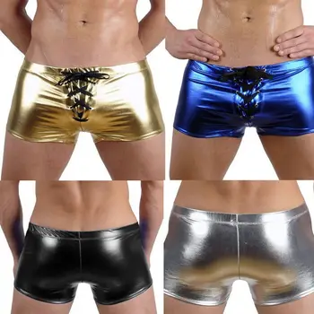 

Mens Sexy Faux Leather Shiny Boxers Waterproof Underwear Gay Male Latex Wetlook Shorts Panties Cool Bandage Lingerie