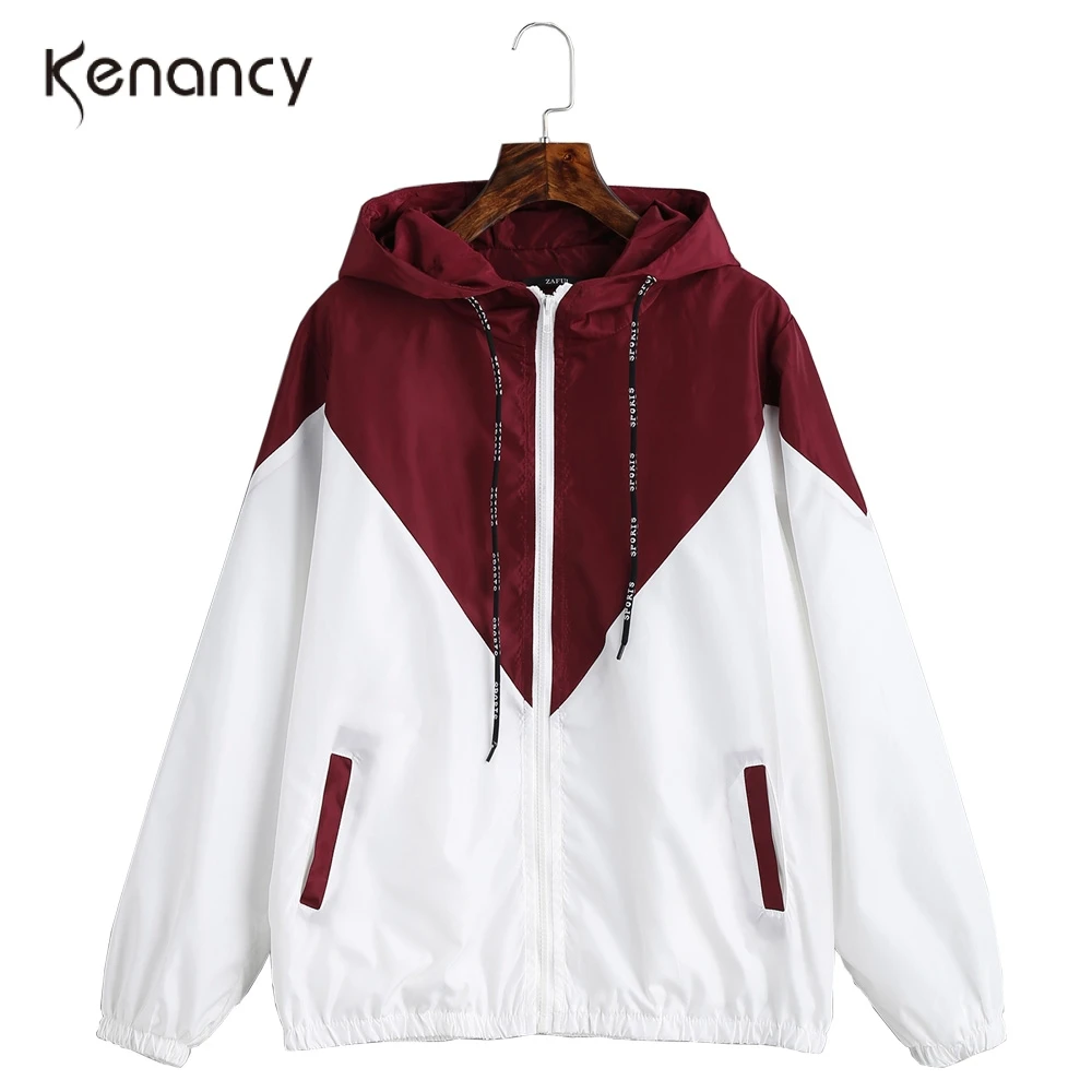 

Kenancy Women Hooded Patchwork Jacket Female Multicolor Windbreaker Spring Autumn Basic Jackets Color Block Coats Streetwear New