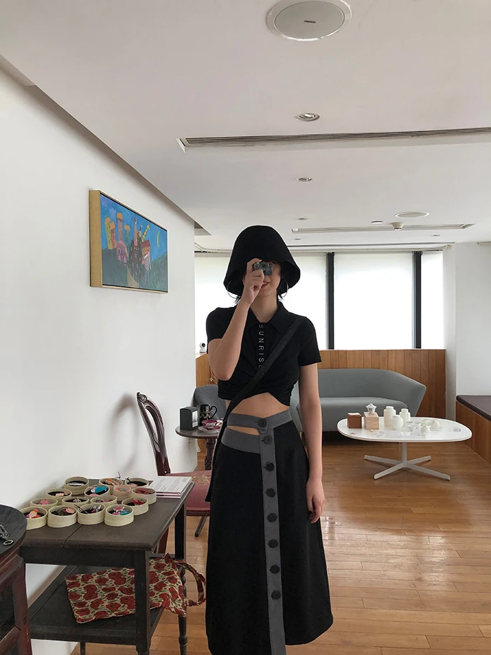 [DEAT] Knited Multi-buckle Hit Color High Elastic Waist Half-body Skirt Women Fashion Tide New Spring Summer 2020 13T204
