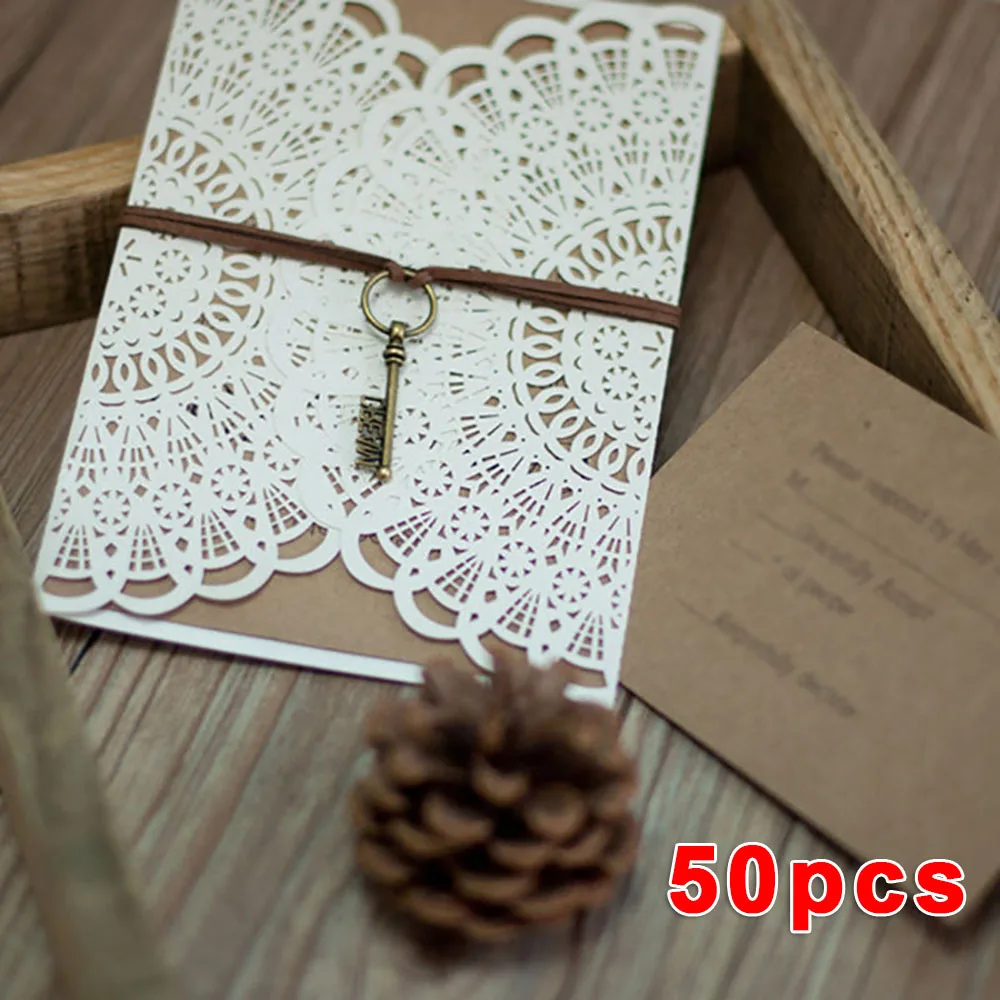  50pcs Exquisite Party Events Elegant Laser Cut Wedding Invitations & Greeting Cards with Key decora - 4000341854320