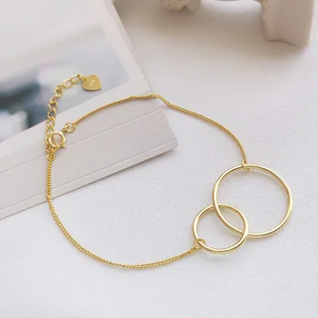 

Authentic 925 Sterling silver Gold Interlocked double Open Circle /Two Circles Chain Bracelet adjust Women's TLS242