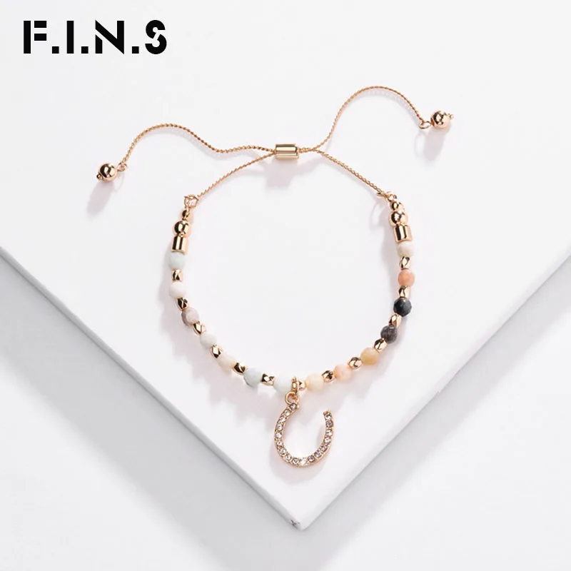 

F.I.N.S Natural Stone Crystal Beaded Bracelet Horse Shoe U-Shape Gold Color Alloy Adjustable Charm Bracelets for Women