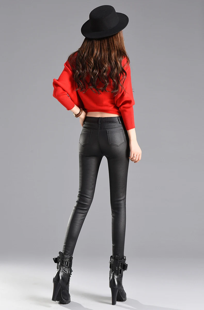 Women Thin Velvet PU Leather Pants 2019 Autumn Winter Female Sexy Pantalon Leggings Elastic Stretch Skinny Tight Faux Leather Pencil Pants Trouser Lady Trousers Black Color S XXXL High Quality Warm Ladies Streetwear (5)