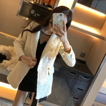 

Fanco Designer Blazer Women's Double Breasted Metal Button Long Sleeve Notched Collar Jacket Wool Blends Tweed Blazer Coat