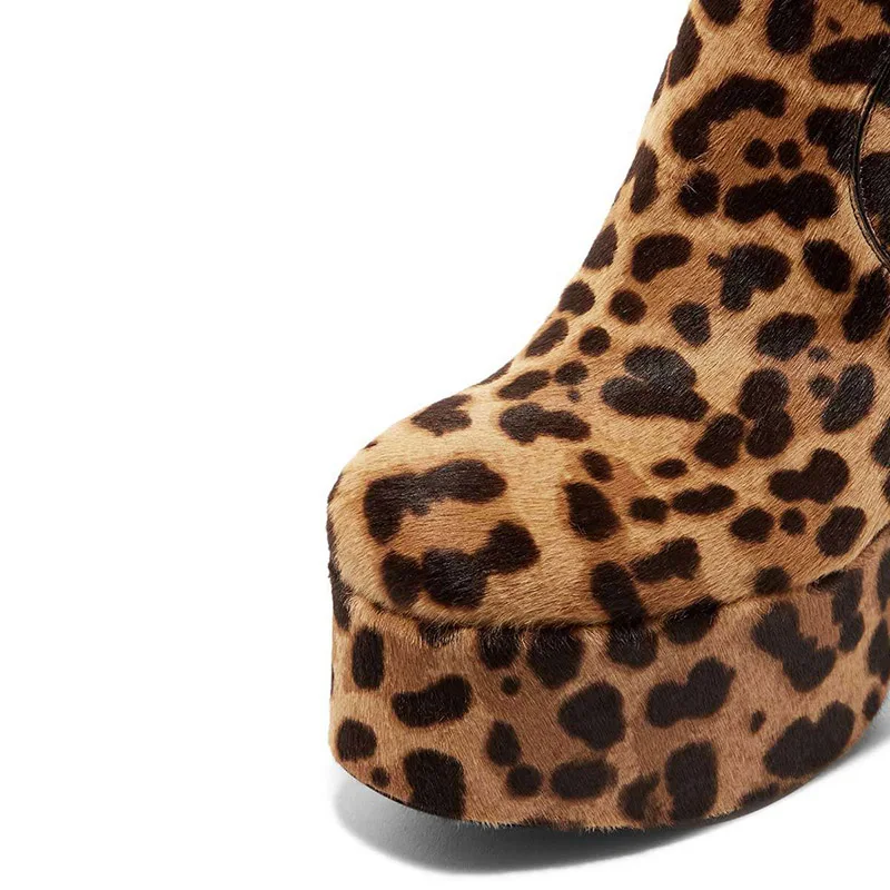Обувь женские узкие ботильоны на платформе, на молнии осенне-зимние ботинки из флока с леопардовым принтом, с круглым носком, на квадратном каблуке 13 см, большие размеры 44, 45, 46