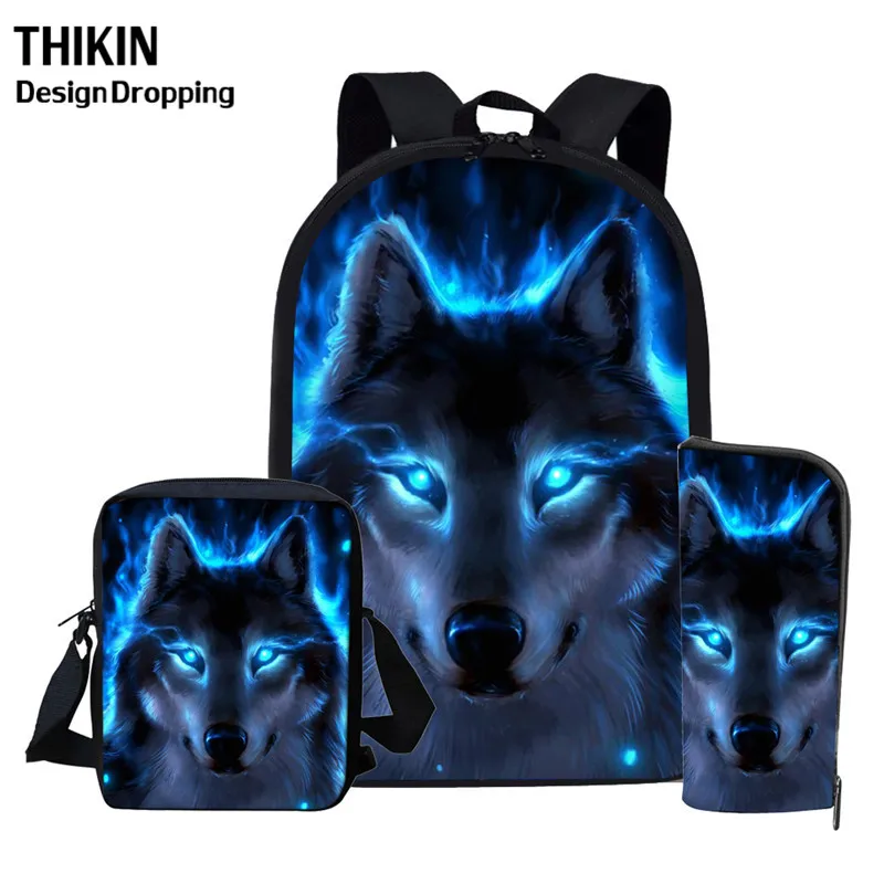 

THIKIN Cool Moon Wolf Printed Men/Women Backpack Teenager Boys Girls Book Bag Pencil Case School Children Gifts Mochila Escolar