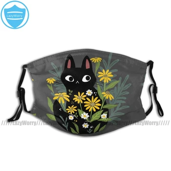 

Flower Mouth Face Mask Black Cat With Flowers Facial Mask Beautiful Kawai with 2 Filters Adult Mask