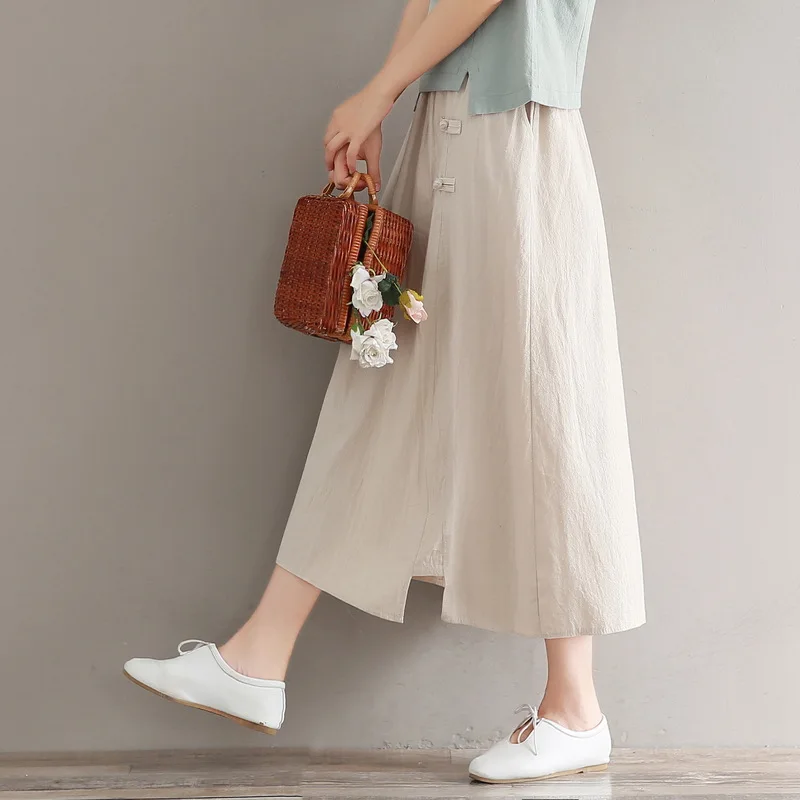 

8903 Photo Shoot 2019 Summer New Style Solid Color Joint Retro Medium-length Dress Flax Frog Elastic Waist Type a Skirt