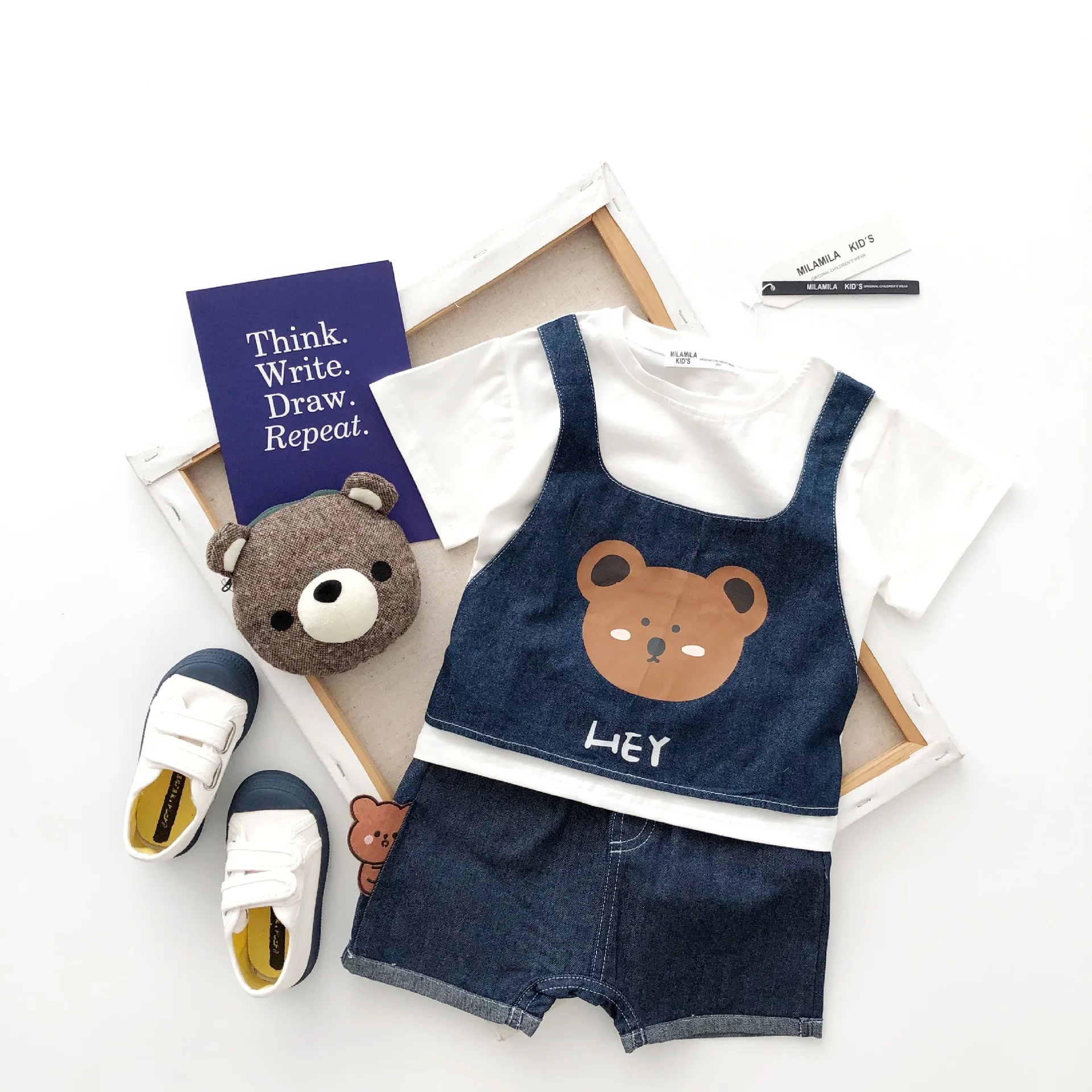 

Tonytaobaby Summer New Cotton Bear Mock Two-Piece Short-Sleeved Suit Boy Clothes