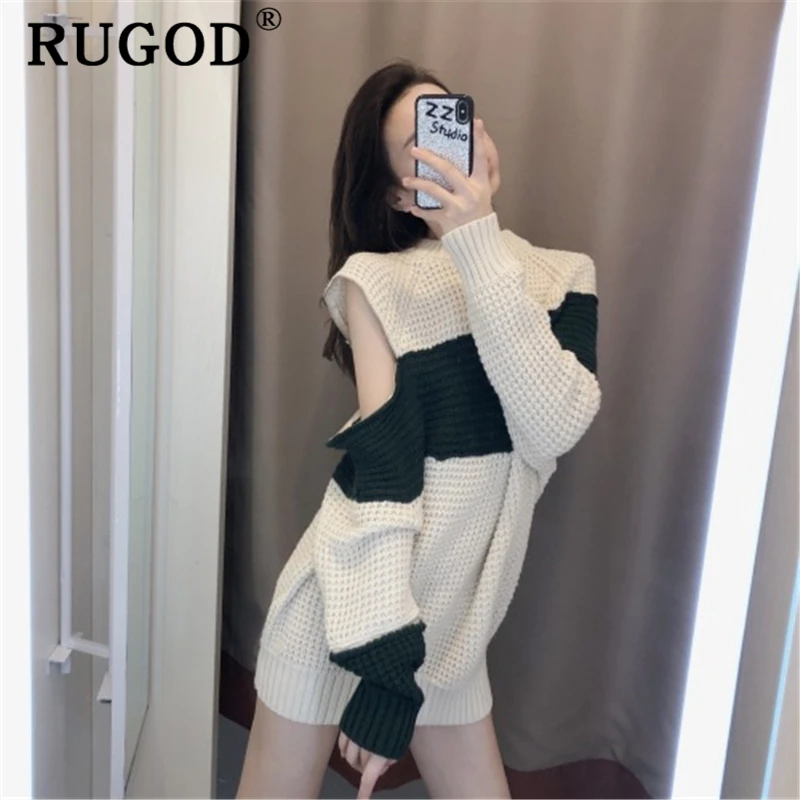 RUGOD, Элегантная туника, вязаный свитер для женщин, Повседневный, из кусков, на молнии, рукав средней длины, пуловер, женский, корейский шик, прямой свитер
