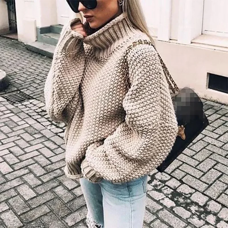 Свитер женская модная одежда осень зима теплый длинный рукав водолазка вязаный свитер женский большой размер Свободный пуловер Топы - Цвет: Khaki