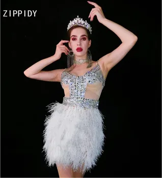 

White Feather Mesh Silver Rhinestones Dress Women's Birthday Dress Outfit Singer Dancer Prom Party Celebrate Dress