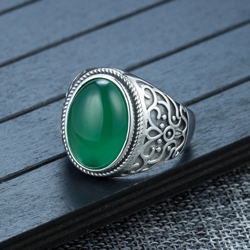 

Fine Silver Men's Ring Setting Retro Taotie Pattern zuo jiu kuan Men Ring Empty, a Telecoms Inlaid Turquoise Emerald Care